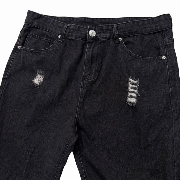 Romwe Black Distressed Jeans Sz 36 Checker Patch Ripped Straight Fit Punk - Picture 9 of 11
